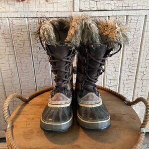 Sorel Joan of Arctic Brown Lace Up Waterproof Snow Boots Women 9 Winter Faux Fur